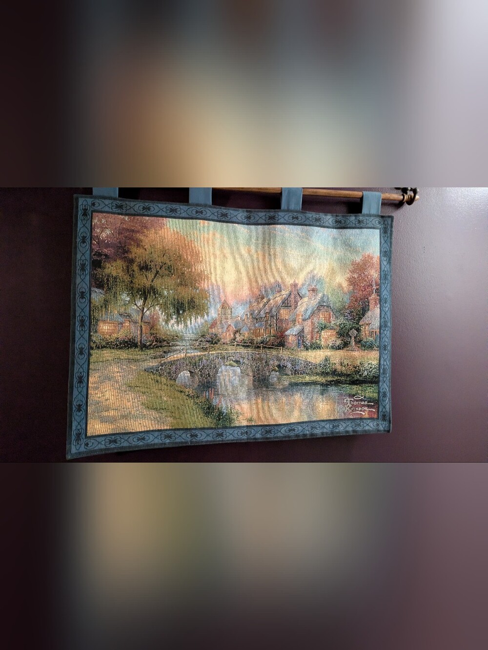 Thomas Kinkade Cottage Bridge Tapestry - Blue, Green, Brown